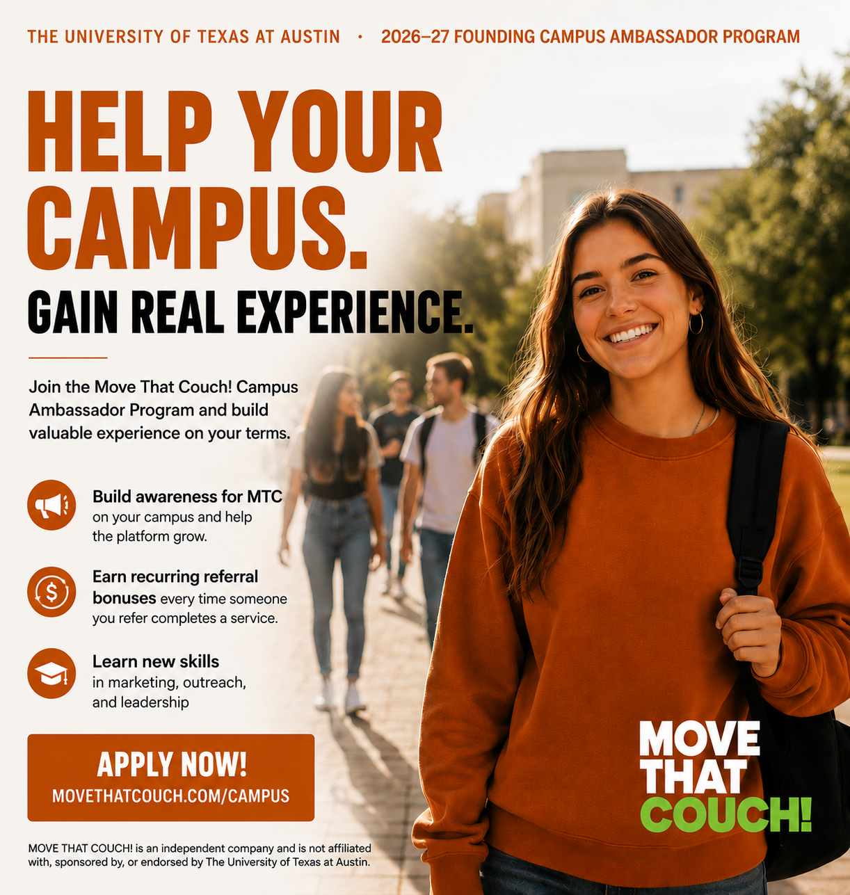 MOVE THAT COUCH! Campus Ambassador program poster highlighting experience, campus impact, skills, and referral earnings